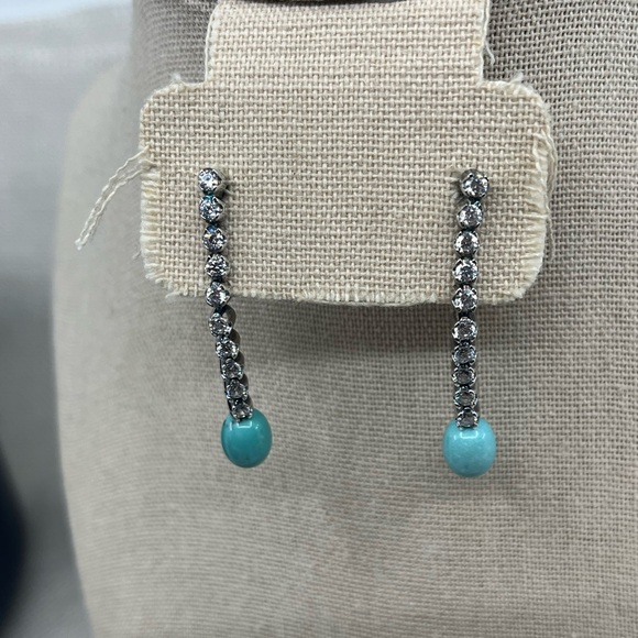 Vintage Diamonique & Turquoise Dangle Earrings 925 Sterling Silver - Picture 4 of 16